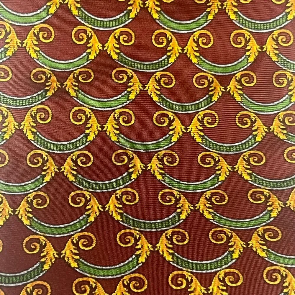 Aquascutum of London Silk Tie Burgundy Green Gold Scroll Pattern Classic Necktie